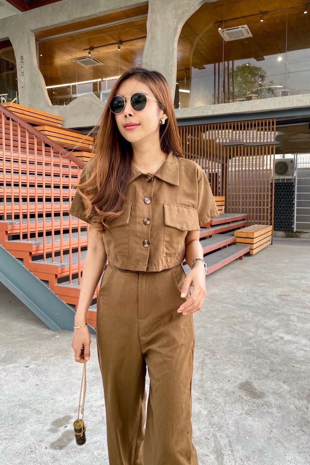 Only Tall straight leg trouser and cropped top co-ord in khaki |  vivatumusica.com